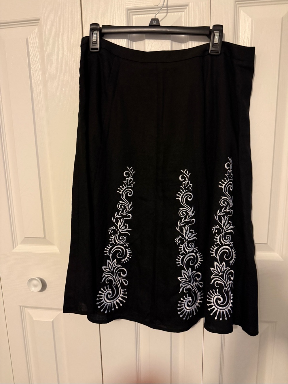 LOFT Black Maxi Skirt with White Embroidered Scrolls